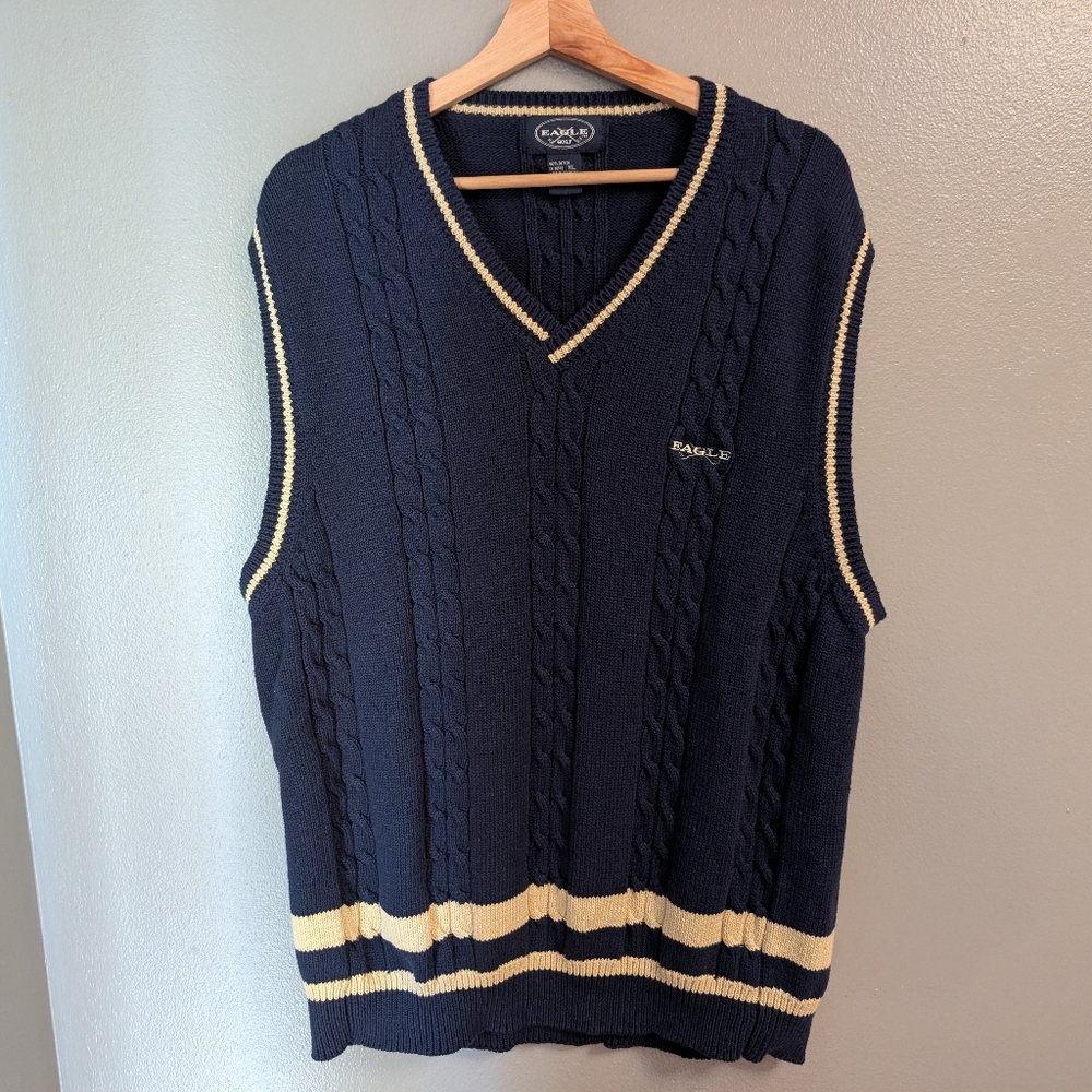 Vintage Eagle Golf Sweater Vest‎ Men’s XL Navy Blue Cable Knit V-Neck Preppy